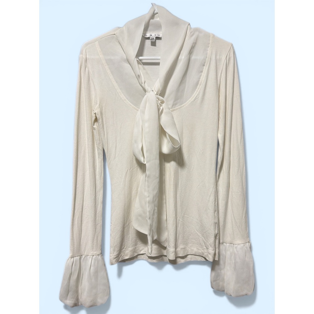 Cabi Womens XS Cream Mixed Media Tie Neck Top Long Sleeve Chiffon Bell Cuff Knit